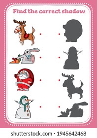 Christmas game: santa, rabbit, deer, snowmen Find the correct shadow. Educational game for children. Cartoon vector illustration.