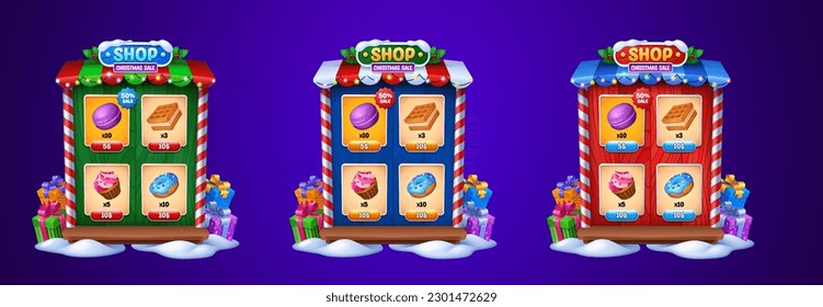 Christmas game shop frame with sweets on wooden shelves. Vector cartoon illustration of holiday store selling delicious donuts, cakes, desserts. Window decorated with garlands, gift boxes and snow svg
