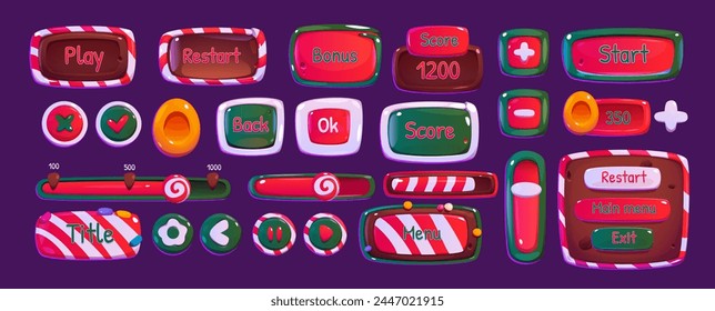 Christmas game ui button and frame winter element. Candy and cookie play interface gui badge cartoon. Level bar, board and holiday shop panel icon set. Loading and progress signboard web template