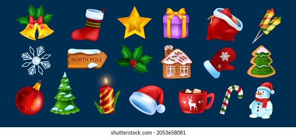 Christmas game UI icon set, vector x-mas winter holiday symbol kit, New Year cartoon design elements. Season celebration badge, Santa Claus hat, snowman, gingerbread cookie. Christmas icon collection