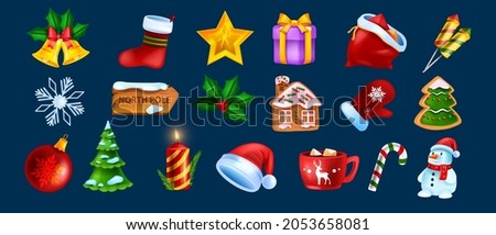 Christmas game UI icon set, vector x-mas winter holiday symbol kit, New Year cartoon design elements. Season celebration badge, Santa Claus hat, snowman, gingerbread cookie. Christmas icon collection