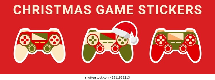 Christmas gamepad sticker set. Joystick in New Year's colors. Gingerbread game controller with red santa hat. Vector illustration