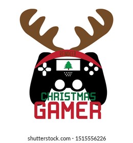 Christmas gamer- text and cute controller, with reindeer antler. Good for textile, t-shirt, banner ,poster, print on gift.