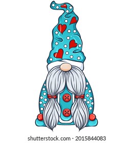 Christmas or garden scandinavian gnome in a high hat. Cute nisse or tomte cartoon character. Vector color hand drawn illustration isolated on white. For postcards or Christmas design