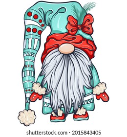 Christmas or garden scandinavian gnome in a long hat with a pom pom. Cute nisse or tomte cartoon character. Vector color hand drawn illustration isolated on white. For design, postcards