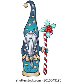 Christmas or garden scandinavian long gnome with candy staff. Cute nisse or tomte cartoon character. Vector color hand drawn illustration isolated on white. For postcards, xmas design