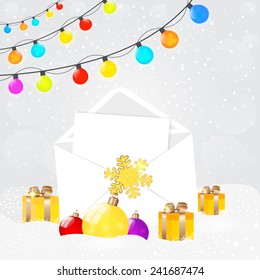 Christmas garland and ball and envelope,  on the snowflakes background. Vector EP10.