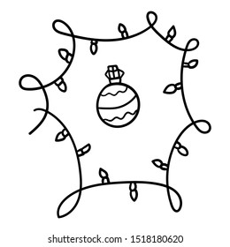 Christmas garland with christmas ball inside. Coloring page, Coloring book. Contour. Doodle illustration. Symbol of celebration and comfort. New Year's and Christmas. Cozy Home. - Vector.