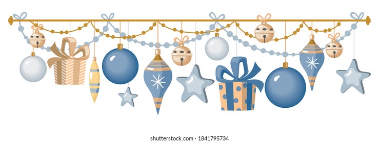 CHRISTMAS GARLAND of balloons, stars, lanterns in blue and silver colors. Vector, white background, isolated.
