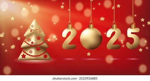 Christmas Garland balls Gradient Vector Illustration Xmas greeting card Merry Christmas Numbers 2025 like ornament Red vibrant background Winter holiday template Magic mood Gold new year trees