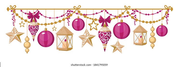 CHRISTMAS GARLAND of balls, stars, lanterns in red and gold colors. Vector, white background, isolated.