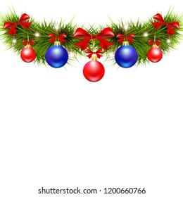 Christmas garland, balls,red bows, on a white