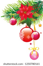 Christmas garland, balls,red bows, on a white