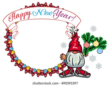 Christmas garland, banner with hand written text "Happy New year!" and a little gnome in red cap. Design element for holiday decorations, greetings cards and other design artworks. Vector clip art.