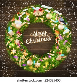 Christmas garland with baubles and fur-tree branches on a wooden background. EPS 10 vector file includedvector file included