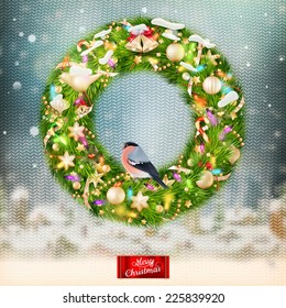 Christmas garland with baubles and fur-tree branches. EPS 10 vector file included