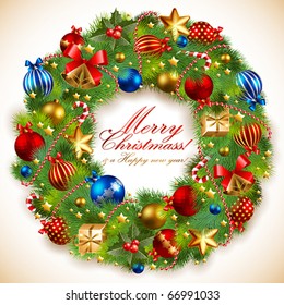 christmas garland with baubles and christmas tree