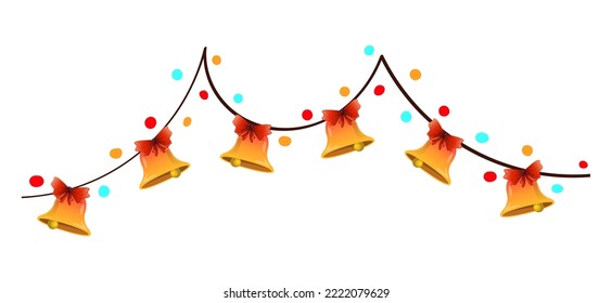 Christmas garland with bells and colorful lights flat cartoon style. Vector colorful illustration isolated on white background.
