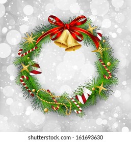 Christmas garland with bells and holly berry. Vector