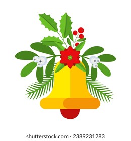 Christmas garland with bells and plant branches, flowers and berries. Door wreath design element. Winter holiday decoration for greeting cards, poster and templates. Flat cartoon vector icon.