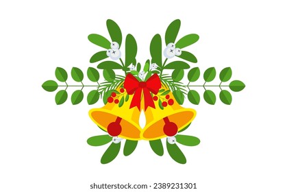 Christmas garland with bells and plant branches, flowers and berries. Door wreath design element. Winter holiday decoration for greeting cards, poster and templates. Flat cartoon vector icon.