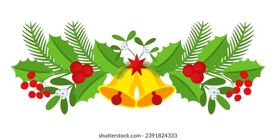 Christmas garland with bells and plant branches, flowers and berries. Door wreath design element. Winter holiday decoration for greeting cards, poster and templates. Flat cartoon vector icon.