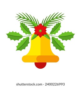 Christmas garland with bells and plant branches, flowers and berries. Door wreath design element. Winter holiday decoration for greeting cards, poster and templates. Flat cartoon vector icon.
