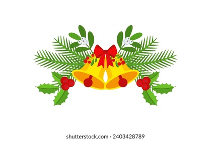 Christmas garland with bells and plant branches, flowers and berries. Door wreath design element. Winter holiday decoration for greeting cards, poster and templates. Flat cartoon vector icon.