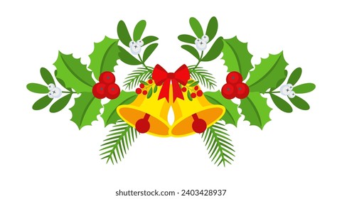 Christmas garland with bells and plant branches, flowers and berries. Door wreath design element. Winter holiday decoration for greeting cards, poster and templates. Flat cartoon vector icon.