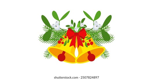 Christmas garland with bells and plant branches, flowers and berries. Door wreath design element. Winter holiday decoration for greeting cards, poster and templates. Flat cartoon vector icon.