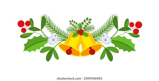Christmas garland with bells and plant branches, flowers and berries. Door wreath design element. Winter holiday decoration for greeting cards, poster and templates. Flat cartoon vector icon.