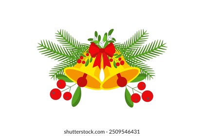 Christmas garland with bells and plant branches, flowers and berries. Door wreath design element. Winter holiday decoration for greeting cards, poster and templates. Flat cartoon vector icon.