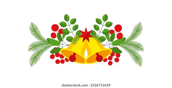 Christmas garland with bells and plant branches, flowers and berries. Door wreath design element. Winter holiday decoration for greeting cards, poster and templates. Flat cartoon vector icon.