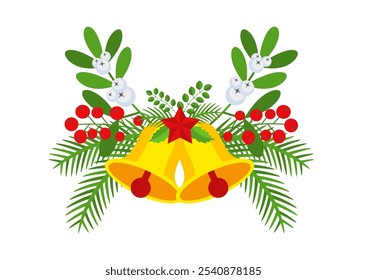 Guirnalda de Navidad con campanas y ramas de plantas, flores y bayas. Elemento de diseño de corona de puerta. Decoración de vacaciones de invierno para tarjetas de felicitación, póster y Plantillas. Icono de Vector de dibujos animados plano.