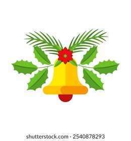 Christmas garland with bells and plant branches, flowers and berries. Door wreath design element. Winter holiday decoration for greeting cards, poster and templates. Flat cartoon vector icon.