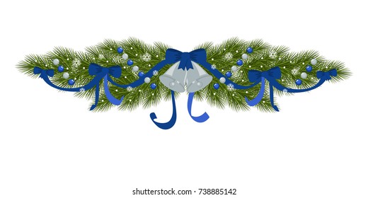 Christmas garland in blue with spruce, bells and decorations. Vector illustration.