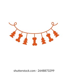Christmas Garland with Bones. Decorative doodle ornament for dog and pet festive design, holiday cards and posters. Vector illustration