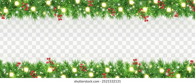 Christmas garland border. Green fir branches with golden stars, red berries, glitter light frame. Winter Holiday background. New Year card. Xmas evergreen plant banner. Vector illustration.