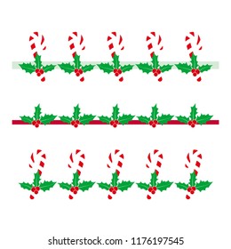 Christmas garland. Christmas border. Vector holly. Decoration with holly and candy cane. Christmas ornament. 