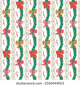 Christmas garland and bows seamless pattern. Vector festive repeat background with decorative fir tree branches, bow knots, ribbons for celebrating New year. Cute winter holiday gift paper, wallpaper