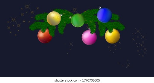 Christmas garland, bright balls - dark blue background - vector. Banner. Christmas decoration. Winter holidays svg