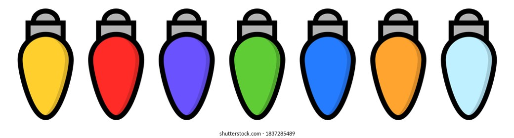 Christmas garland bulbs. Cartoon xmas lights in flat. Colorful strings for new year. Illuminated lamps for birthday. Hanging garland bulbs on white background. Vector illustration. EPS 10