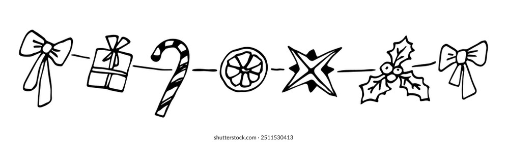 Christmas garland. Candy cane, holly berry, gift, bows, Christmas star, orange New Year decor, symbol. Simple vector ink sketch.