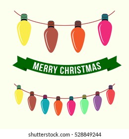 Christmas garland card. Flat vector illustration. Colorful lamps