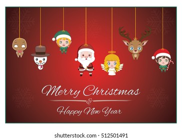 Christmas garland with characters and red background