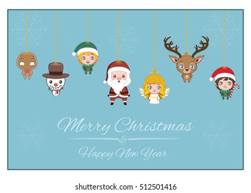 Christmas garland with characters and simple blue background