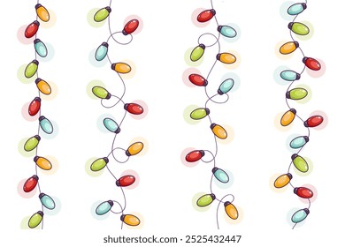 Christmas garland with colored bulbs, New Year, festive, birthday decor. Winter festive element. Vertical garlands