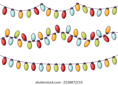 Christmas garland with colored bulbs, New Year's, festive, birthday decor. Winter festive element. Horizontal garlands