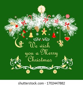 Christmas garland with conifer paper cutting white branches and hanging angels, jingle bell, candy, candle, sock, gingerbread on the green background. 