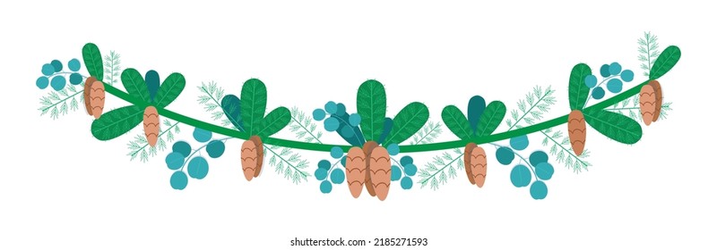 Christmas garland with coniferous branches, eucalyptus leaves and cones. Stylized drawing in flat cartoon style. Vector hand drawn illustration.